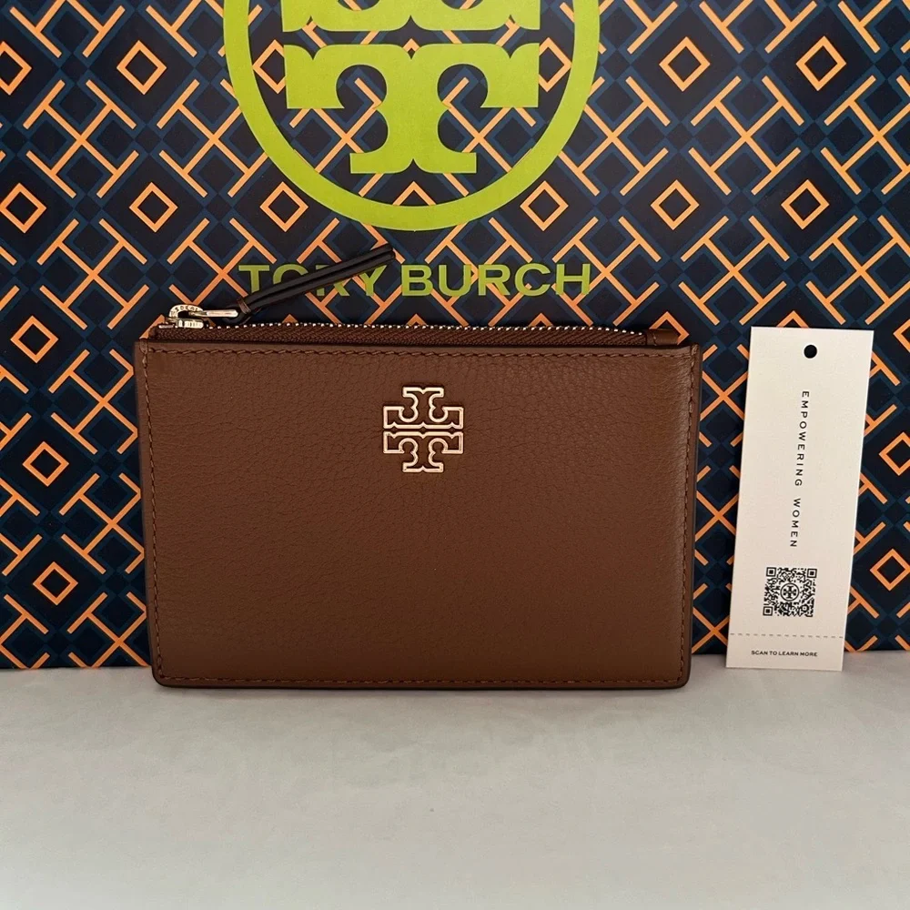 Tory Burch Britten Zip Card Case Card Wallet Moose Gold Tan Brown